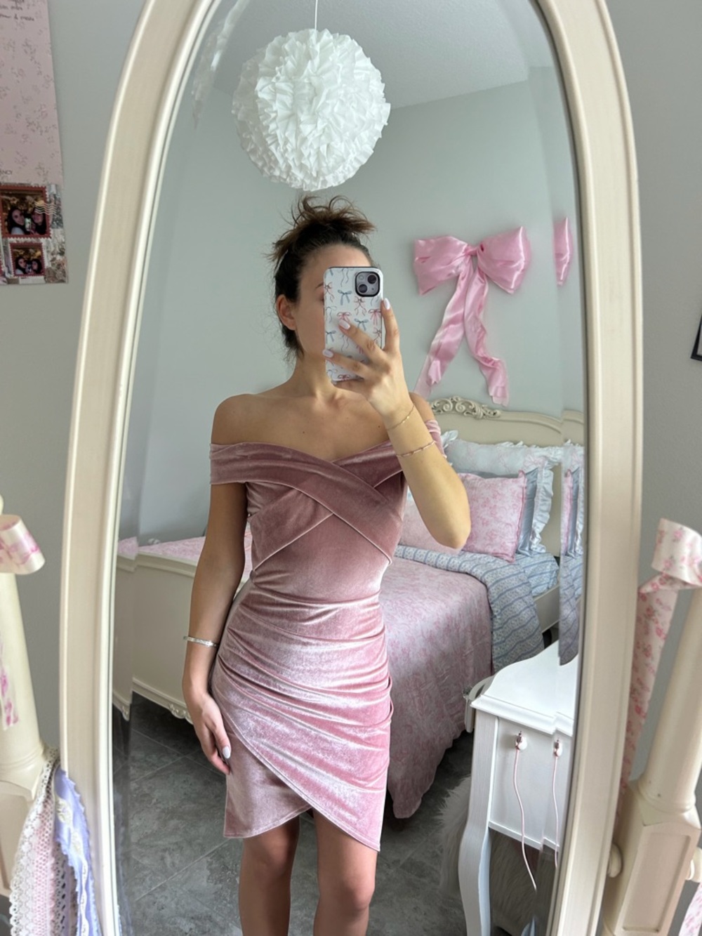 Fashion Nova Blush Pink Off- the -Shoulder Velvet Wrap Dress